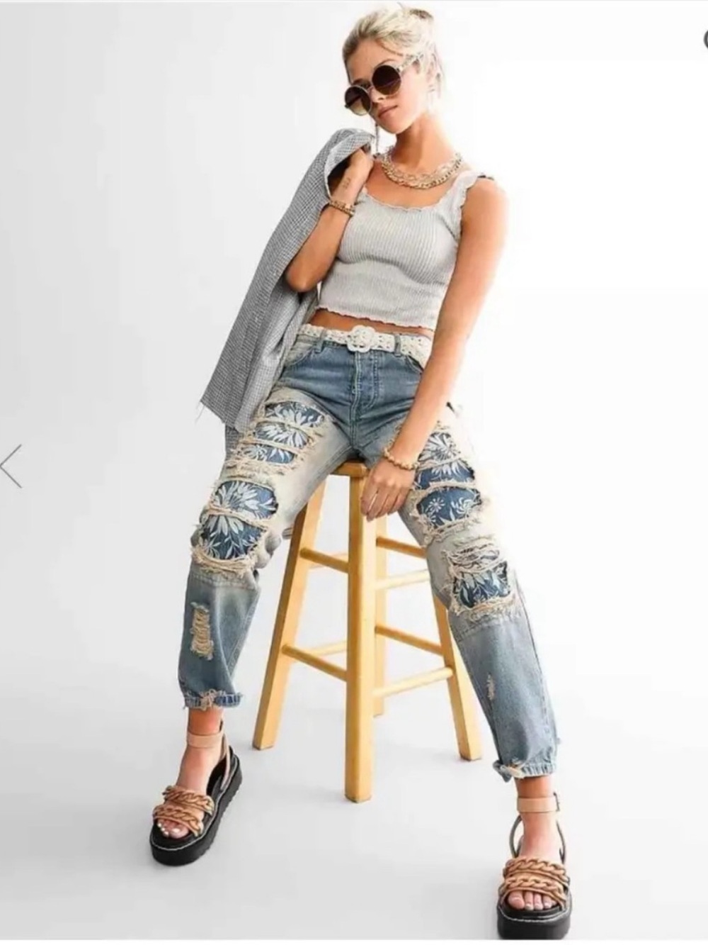 Free People Desert Rose Floral Patchwork Distressed Straight Leg Jeans - Picture 2 of 8